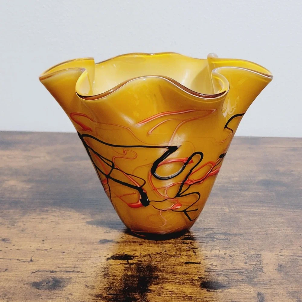 Yellow Art Glass Fluted Handkerchief Vase Art Glass Art Deco Yellow Red‎ Black